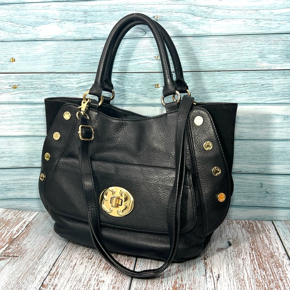 🦊 EMMA FOX BLACK LEATHER SUEDE SIDES SATCHEL TOTE WITH GOLD HARDWARE
